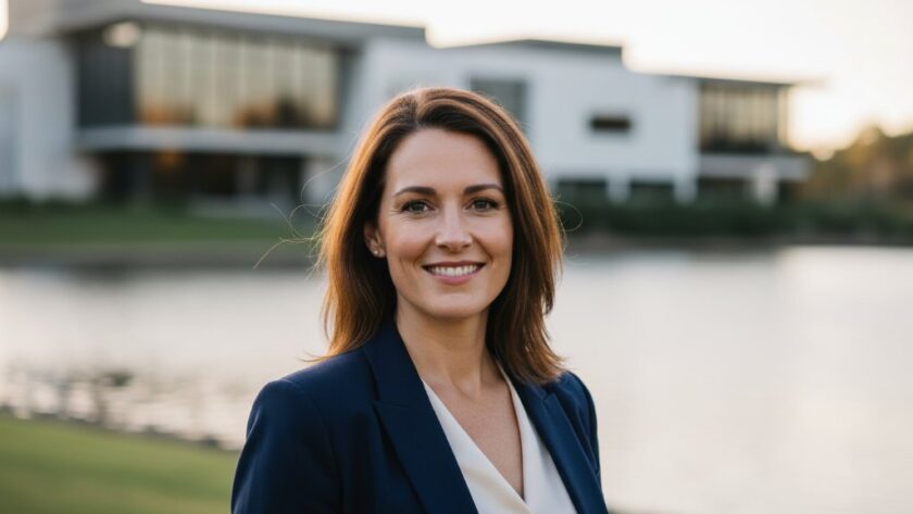 A confident female professional, mid-laugh, captured in an 'epic moment' against a softly blurred Benalla botanical garden backdrop, radiating approachability and expertise, perfect for Benalla Victoria professional headshots for career branding.