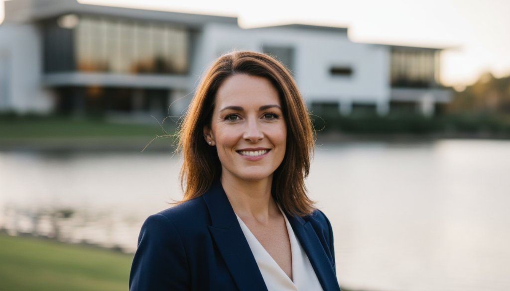 A confident female professional, mid-laugh, captured in an 'epic moment' against a softly blurred Benalla botanical garden backdrop, radiating approachability and expertise, perfect for Benalla Victoria professional headshots for career branding.