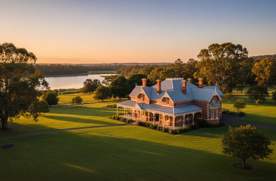 An epic moment captured in Benalla Victoria real estate photography for impactful listings, showing a grand, historic Benalla home at golden hour, its intricate architecture illuminated by warm, directional sunlight, with the garden perfectly manicured and a serene Benalla lake reflecting the vibrant sky, evoking a sense of luxury and belonging.