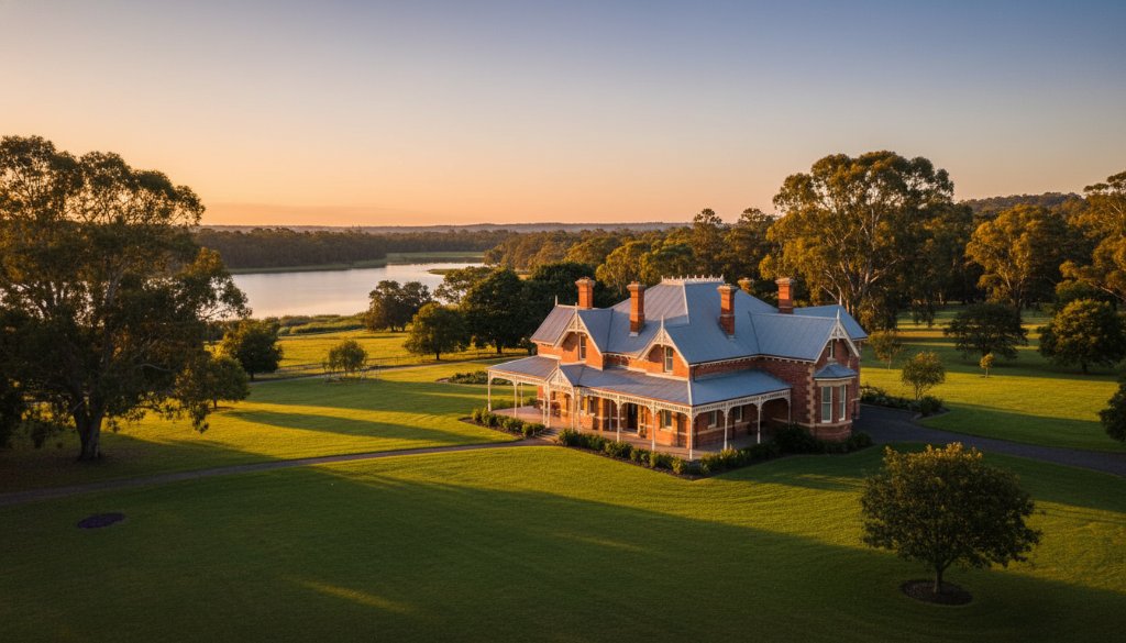 An epic moment captured in Benalla Victoria real estate photography for impactful listings, showing a grand, historic Benalla home at golden hour, its intricate architecture illuminated by warm, directional sunlight, with the garden perfectly manicured and a serene Benalla lake reflecting the vibrant sky, evoking a sense of luxury and belonging.