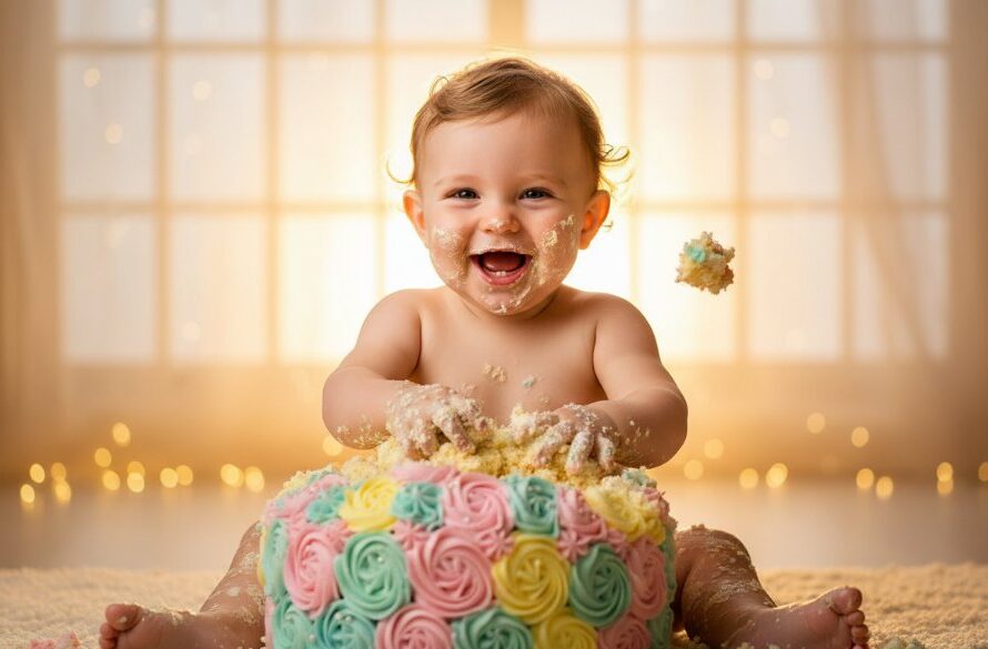 An 'epic moment' photograph capturing a baby joyfully smashing a colourful cake during Benalla's joyful first birthday cake smash photography session, with dramatic backlighting highlighting the flying cake crumbs and the baby's ecstatic expression.