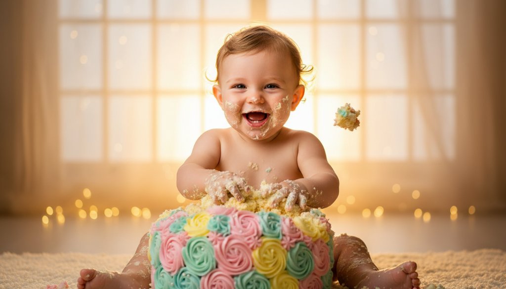 An 'epic moment' photograph capturing a baby joyfully smashing a colourful cake during Benalla's joyful first birthday cake smash photography session, with dramatic backlighting highlighting the flying cake crumbs and the baby's ecstatic expression.