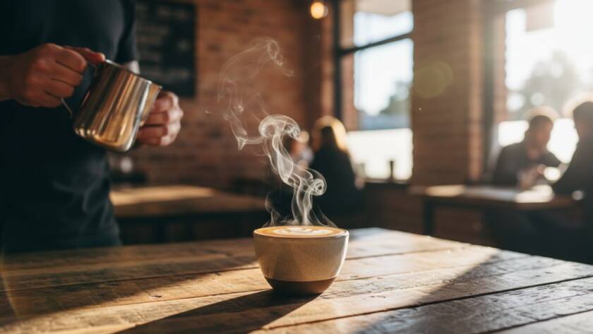 A dramatic, professionally lit photograph showcasing a local Bentleigh café's artisanal coffee shot in an 'epic moment' style, highlighting the steam rising and froth art, designed for Bentleigh advertising photography captivating local brands. The image features a barista's hands carefully pouring, with the warm, inviting ambiance of a Bentleigh cafe in the blurred background, emphasizing quality and craftsmanship.