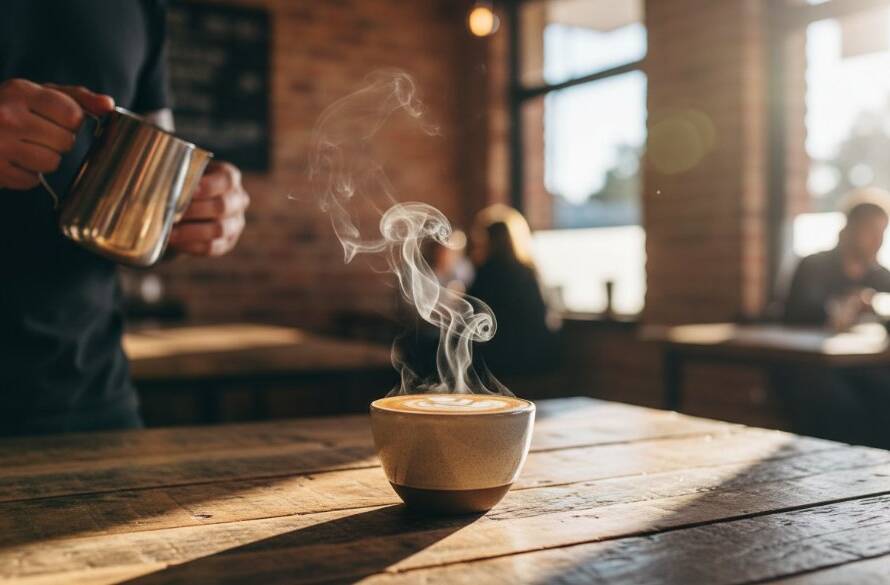 A dramatic, professionally lit photograph showcasing a local Bentleigh café's artisanal coffee shot in an 'epic moment' style, highlighting the steam rising and froth art, designed for Bentleigh advertising photography captivating local brands. The image features a barista's hands carefully pouring, with the warm, inviting ambiance of a Bentleigh cafe in the blurred background, emphasizing quality and craftsmanship.