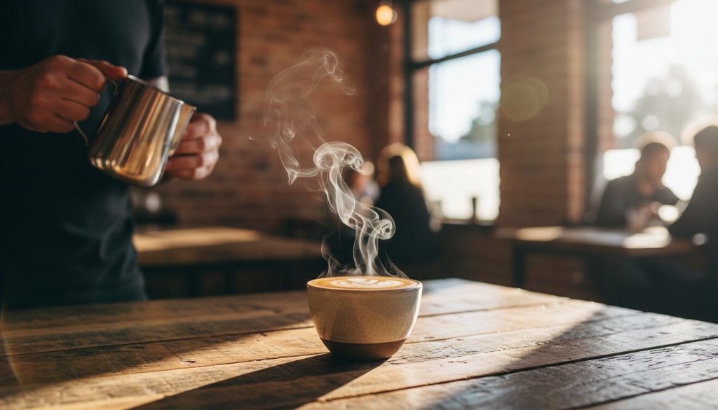 A dramatic, professionally lit photograph showcasing a local Bentleigh café's artisanal coffee shot in an 'epic moment' style, highlighting the steam rising and froth art, designed for Bentleigh advertising photography captivating local brands. The image features a barista's hands carefully pouring, with the warm, inviting ambiance of a Bentleigh cafe in the blurred background, emphasizing quality and craftsmanship.