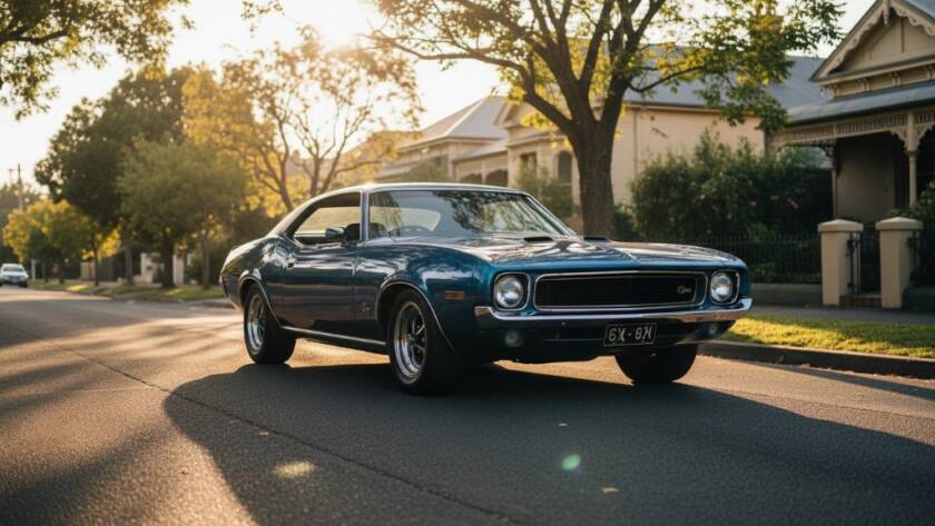A sleek, vintage blue sports car glows in the golden hour light during a Bentleigh Automotive Photography Sunset Drive photoshoot, cruising down a tree-lined street in Bentleigh, Victoria, professionally captured with dramatic flair and depth of field.