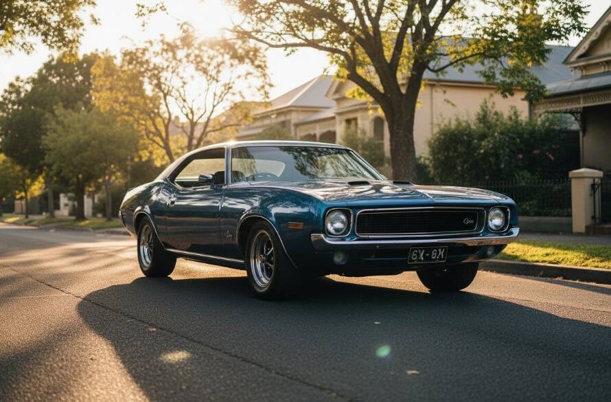 A sleek, vintage blue sports car glows in the golden hour light during a Bentleigh Automotive Photography Sunset Drive photoshoot, cruising down a tree-lined street in Bentleigh, Victoria, professionally captured with dramatic flair and depth of field.
