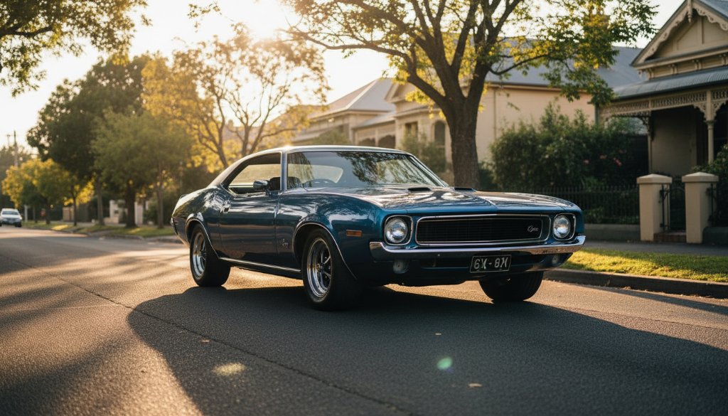 A sleek, vintage blue sports car glows in the golden hour light during a Bentleigh Automotive Photography Sunset Drive photoshoot, cruising down a tree-lined street in Bentleigh, Victoria, professionally captured with dramatic flair and depth of field.