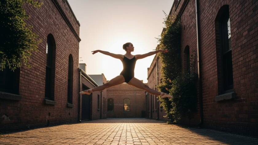 A dramatic and dynamic Bentleigh ballet photoshoot for aspiring dancers, featuring a young ballerina mid-leap against a sunlit urban Bentleigh backdrop, capturing an epic moment of grace and power with professional studio lighting and cinematic colour grading.