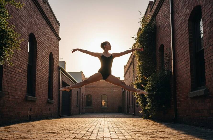 A dramatic and dynamic Bentleigh ballet photoshoot for aspiring dancers, featuring a young ballerina mid-leap against a sunlit urban Bentleigh backdrop, capturing an epic moment of grace and power with professional studio lighting and cinematic colour grading.