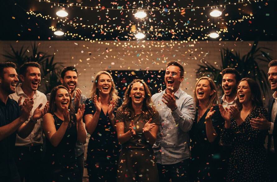 A vibrant, professionally colour-graded cinematic photograph showcasing a group of friends laughing heartily, confetti falling around them, at a lively birthday party in Bentleigh, Victoria, capturing the essence of Bentleigh birthday party photography candid moments with dramatic, joyful lighting.