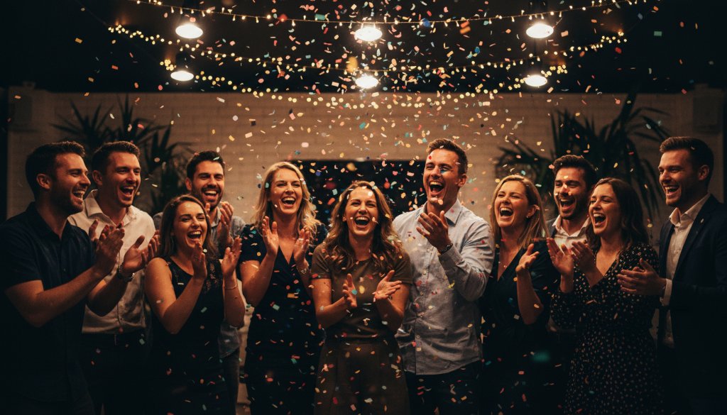 A vibrant, professionally colour-graded cinematic photograph showcasing a group of friends laughing heartily, confetti falling around them, at a lively birthday party in Bentleigh, Victoria, capturing the essence of Bentleigh birthday party photography candid moments with dramatic, joyful lighting.
