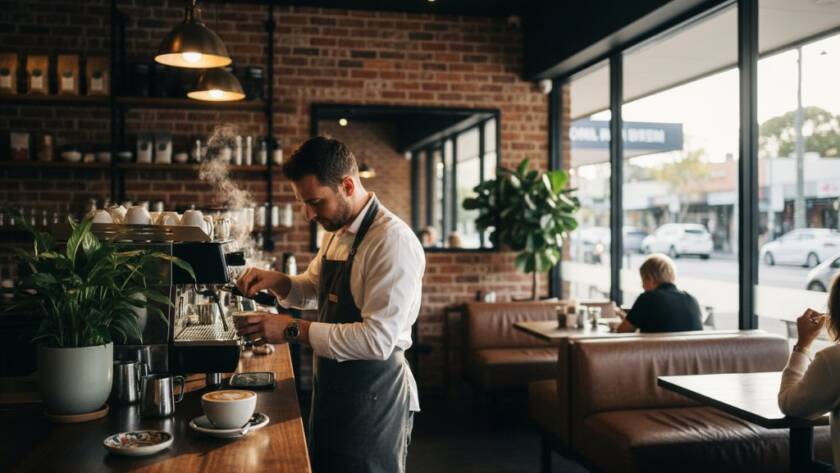 An epic moment captured in Bentleigh commercial property photography for local businesses: a wide-angle, dynamically lit interior shot of a vibrant, modern cafe with a barista expertly preparing coffee, customers smiling, and sunbeams streaming through large windows, showcasing the cafe's inviting atmosphere and design. Professional color grading and cinematic feel.