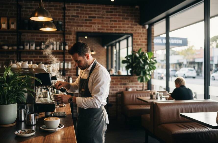 An epic moment captured in Bentleigh commercial property photography for local businesses: a wide-angle, dynamically lit interior shot of a vibrant, modern cafe with a barista expertly preparing coffee, customers smiling, and sunbeams streaming through large windows, showcasing the cafe's inviting atmosphere and design. Professional color grading and cinematic feel.