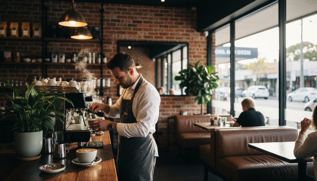 An epic moment captured in Bentleigh commercial property photography for local businesses: a wide-angle, dynamically lit interior shot of a vibrant, modern cafe with a barista expertly preparing coffee, customers smiling, and sunbeams streaming through large windows, showcasing the cafe's inviting atmosphere and design. Professional color grading and cinematic feel.