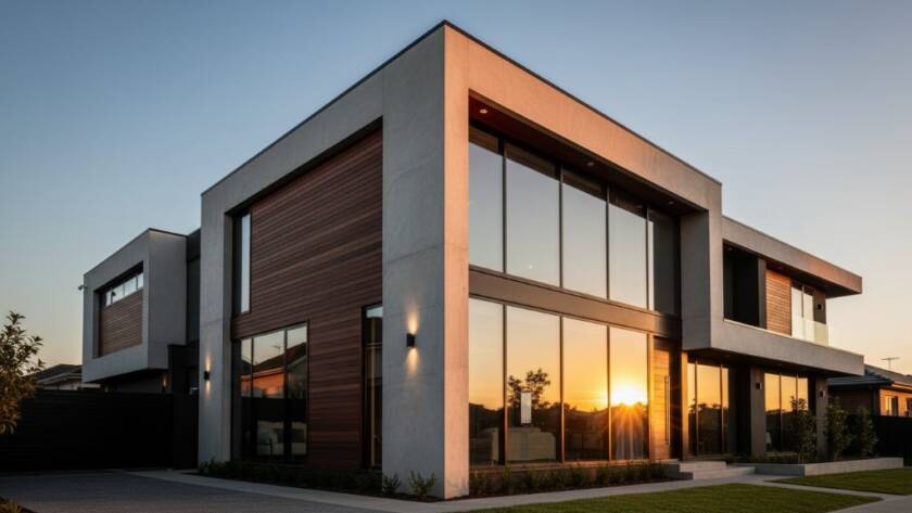 An epic moment captured, showcasing the refined modern design of a striking residential property in Bentleigh East, bathed in the golden light of sunset, highlighting its innovative lines and materials, reflecting Bentleigh East architecture photography excellence.