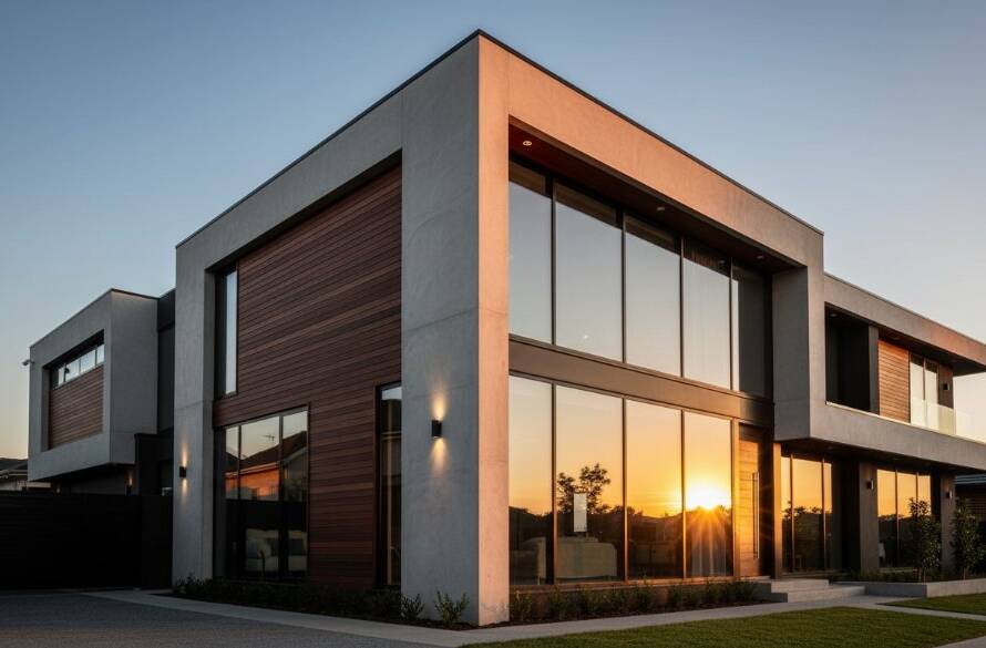An epic moment captured, showcasing the refined modern design of a striking residential property in Bentleigh East, bathed in the golden light of sunset, highlighting its innovative lines and materials, reflecting Bentleigh East architecture photography excellence.