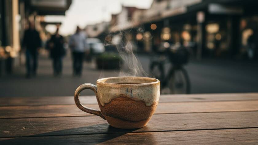 A dramatic, cinematic photograph showcasing Bentleigh East Artisan Product Photography Storytelling, featuring a locally crafted ceramic mug with steam rising, beautifully lit against a blurred backdrop of Bentleigh East's charming cafes, highlighting meticulous detail and evoking warmth and quality.