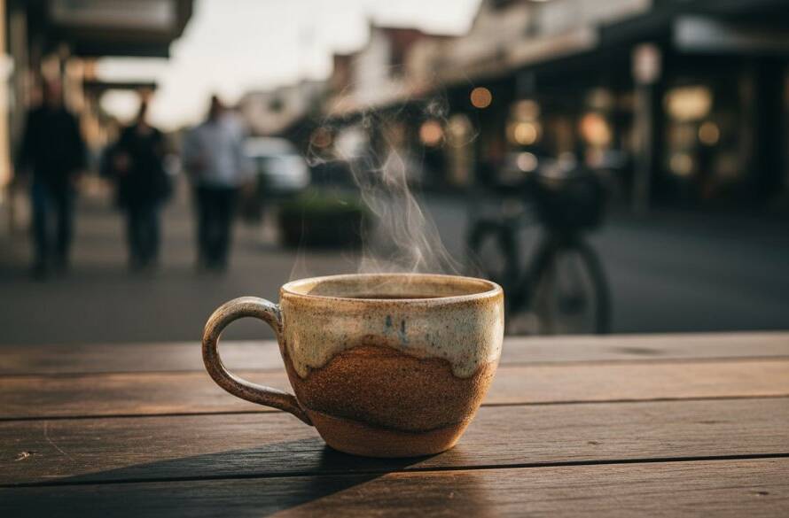 A dramatic, cinematic photograph showcasing Bentleigh East Artisan Product Photography Storytelling, featuring a locally crafted ceramic mug with steam rising, beautifully lit against a blurred backdrop of Bentleigh East's charming cafes, highlighting meticulous detail and evoking warmth and quality.