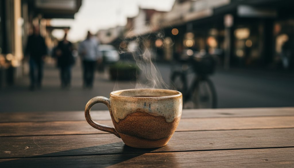 A dramatic, cinematic photograph showcasing Bentleigh East Artisan Product Photography Storytelling, featuring a locally crafted ceramic mug with steam rising, beautifully lit against a blurred backdrop of Bentleigh East's charming cafes, highlighting meticulous detail and evoking warmth and quality.