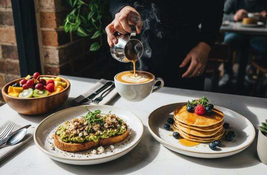Dynamic overhead shot of a beautifully styled brunch spread at a sunlit café in Bentleigh East, showcasing Bentleigh East café food photography for local businesses with a chef's hand adding a garnish, vibrant colours, and dramatic light, professional, cinematic.