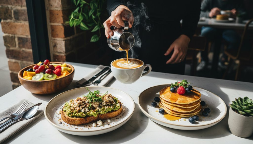 Dynamic overhead shot of a beautifully styled brunch spread at a sunlit café in Bentleigh East, showcasing Bentleigh East café food photography for local businesses with a chef's hand adding a garnish, vibrant colours, and dramatic light, professional, cinematic.