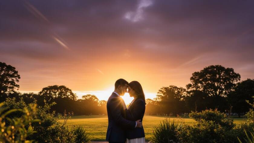 A romantic, emotionally resonant 'epic moment' photograph capturing Bentleigh East candid engagement photography. A couple embraces intimately at sunset in a Bentleigh East park, dramatic golden hour light silhouetting them against lush greenery, showcasing their genuine connection.
