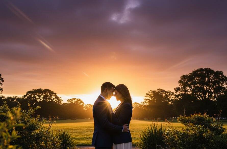 A romantic, emotionally resonant 'epic moment' photograph capturing Bentleigh East candid engagement photography. A couple embraces intimately at sunset in a Bentleigh East park, dramatic golden hour light silhouetting them against lush greenery, showcasing their genuine connection.