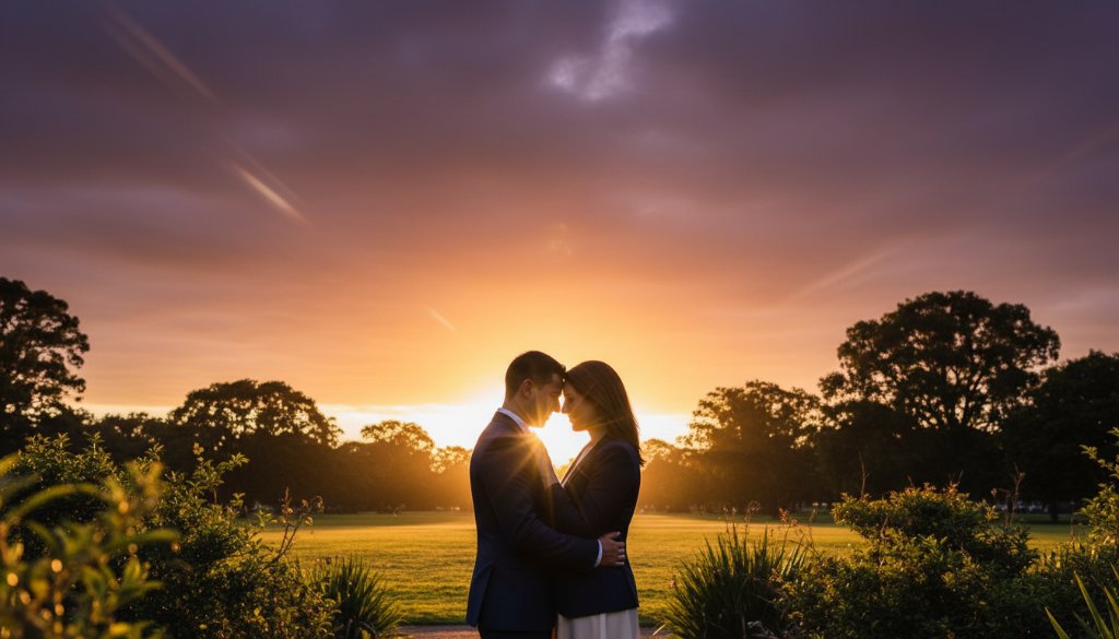 A romantic, emotionally resonant 'epic moment' photograph capturing Bentleigh East candid engagement photography. A couple embraces intimately at sunset in a Bentleigh East park, dramatic golden hour light silhouetting them against lush greenery, showcasing their genuine connection.