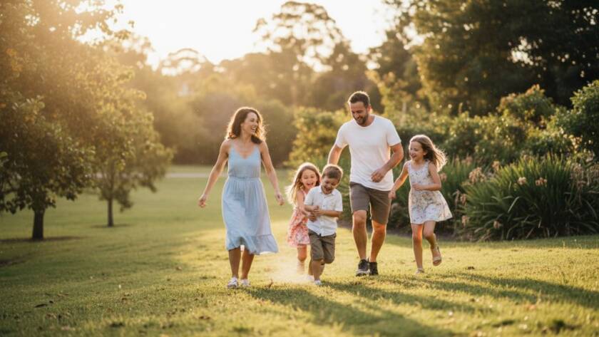A heartwarming and authentic candid family photography moment captured in Bentleigh East, showing a family laughing joyfully under the soft, golden hour light in a local park, professionally colour-graded with a cinematic feel.