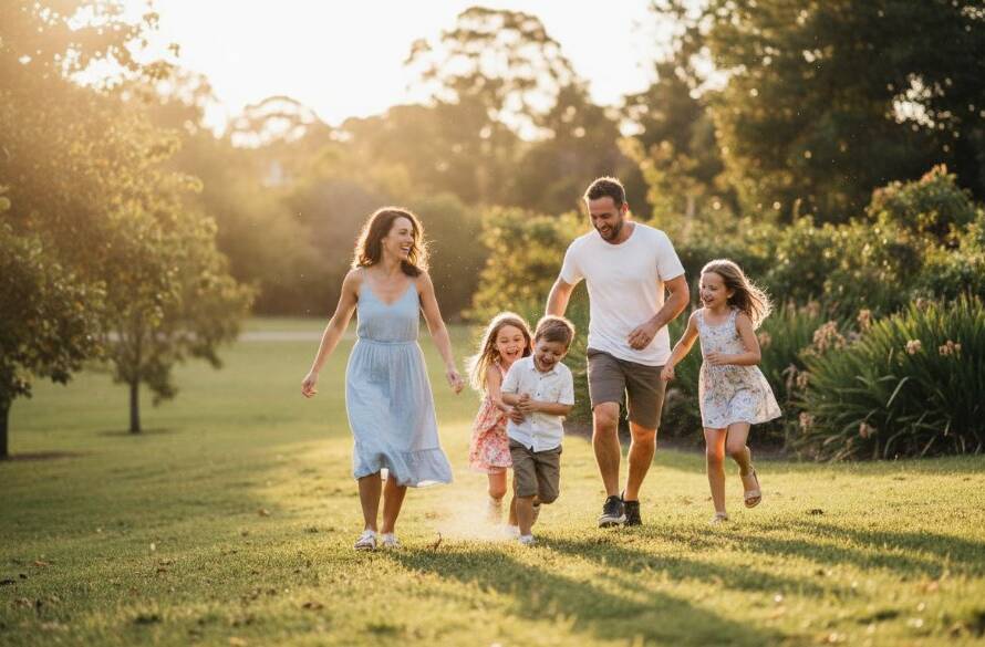 A heartwarming and authentic candid family photography moment captured in Bentleigh East, showing a family laughing joyfully under the soft, golden hour light in a local park, professionally colour-graded with a cinematic feel.