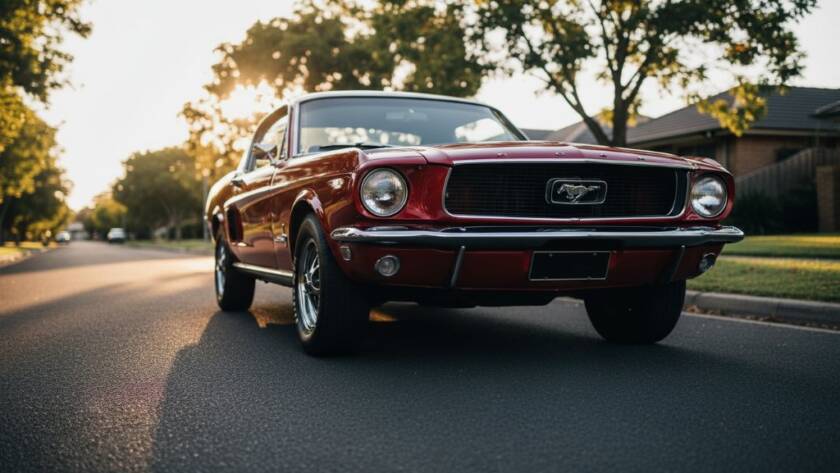 An epic moment in Bentleigh East Classic Car Photography Melbourne, showcasing a gleaming vintage muscle car at sunset, parked dramatically on a quiet Bentleigh East street, its chrome reflecting the warm light with a cinematic flair.