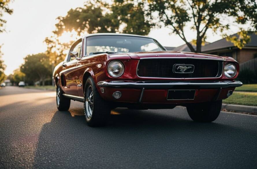 An epic moment in Bentleigh East Classic Car Photography Melbourne, showcasing a gleaming vintage muscle car at sunset, parked dramatically on a quiet Bentleigh East street, its chrome reflecting the warm light with a cinematic flair.