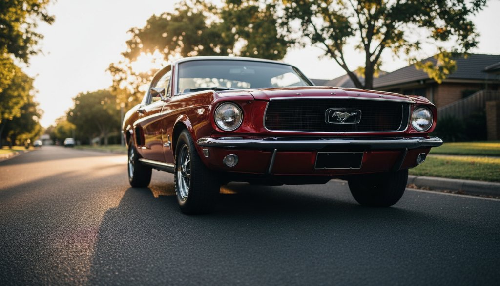 An epic moment in Bentleigh East Classic Car Photography Melbourne, showcasing a gleaming vintage muscle car at sunset, parked dramatically on a quiet Bentleigh East street, its chrome reflecting the warm light with a cinematic flair.