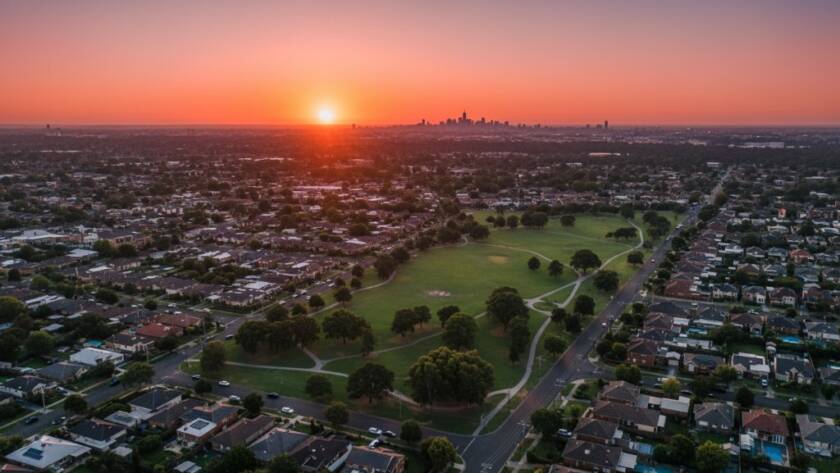 A panoramic 'epic moment' aerial shot of Bentleigh East at sunset, showcasing residential streets, parks, and distant city skyline from a drone's perspective, highlighting Bentleigh East drone photography stunning aerial perspectives.