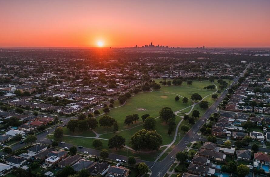 A panoramic 'epic moment' aerial shot of Bentleigh East at sunset, showcasing residential streets, parks, and distant city skyline from a drone's perspective, highlighting Bentleigh East drone photography stunning aerial perspectives.