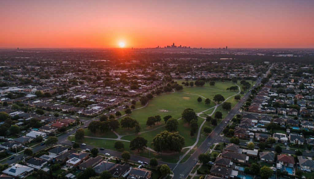 A panoramic 'epic moment' aerial shot of Bentleigh East at sunset, showcasing residential streets, parks, and distant city skyline from a drone's perspective, highlighting Bentleigh East drone photography stunning aerial perspectives.