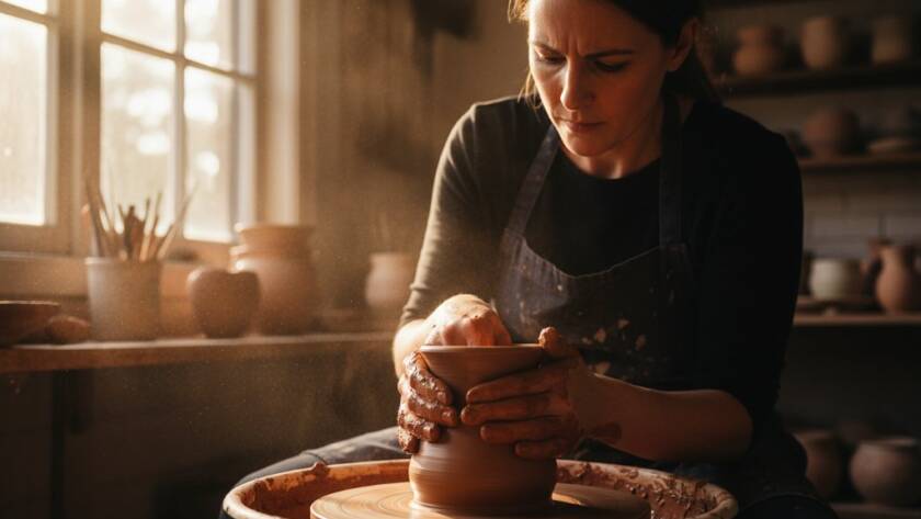 A dramatic and candid shot of a local artisan meticulously working on their craft in a sunlit Bentleigh East studio, showcasing the authentic storytelling through editorial photography, with dynamic shadows and highlights.