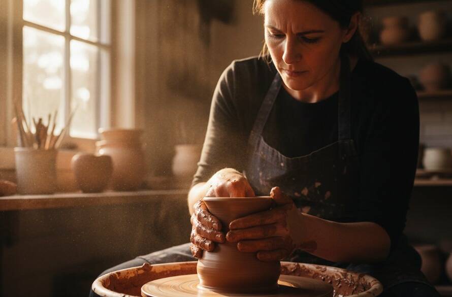 A dramatic and candid shot of a local artisan meticulously working on their craft in a sunlit Bentleigh East studio, showcasing the authentic storytelling through editorial photography, with dynamic shadows and highlights.