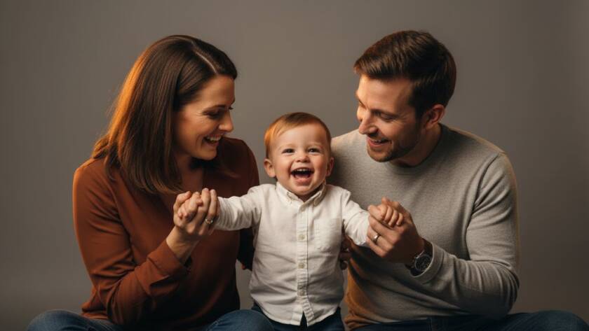 An emotionally resonant, epic moment captured during a Bentleigh East Family Studio Photography Experience, featuring a family laughing joyously against a clean, modern studio backdrop, with dramatic, soft lighting highlighting their genuine connection and happiness, professionally colour graded.