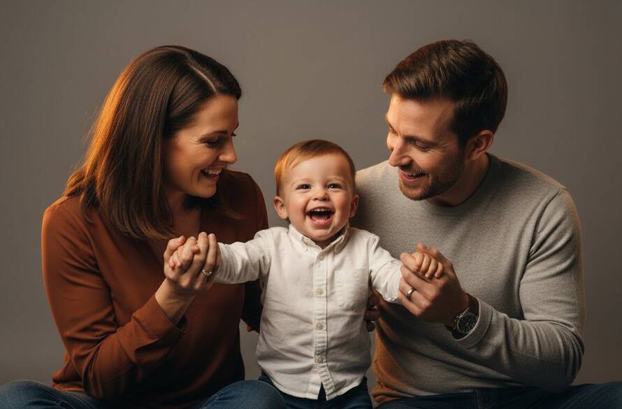 An emotionally resonant, epic moment captured during a Bentleigh East Family Studio Photography Experience, featuring a family laughing joyously against a clean, modern studio backdrop, with dramatic, soft lighting highlighting their genuine connection and happiness, professionally colour graded.