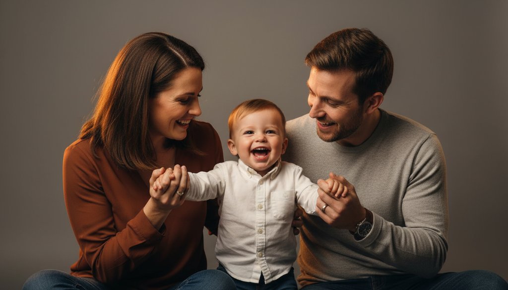 An emotionally resonant, epic moment captured during a Bentleigh East Family Studio Photography Experience, featuring a family laughing joyously against a clean, modern studio backdrop, with dramatic, soft lighting highlighting their genuine connection and happiness, professionally colour graded.