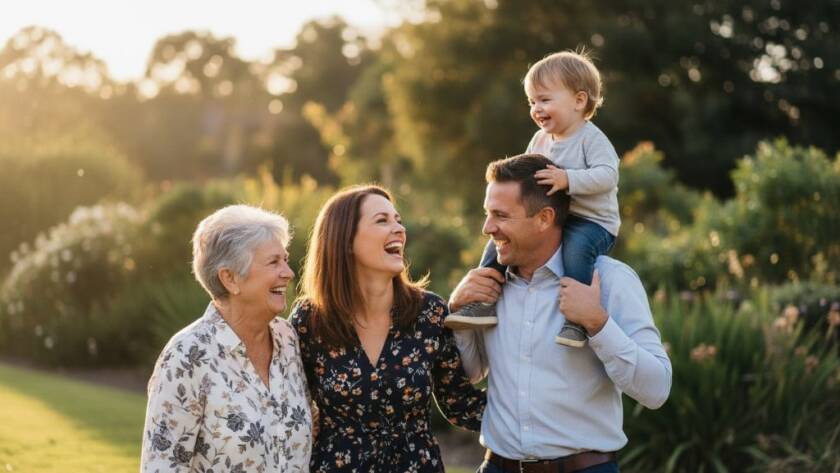 An evocative fine art photograph capturing an 'epic moment' of a multi-generational family laughing joyfully in Bentleigh East's Alnutt Park during golden hour, embodying Bentleigh East Fine Art Photography storytelling with dramatic backlighting and warm, professional color grading.
