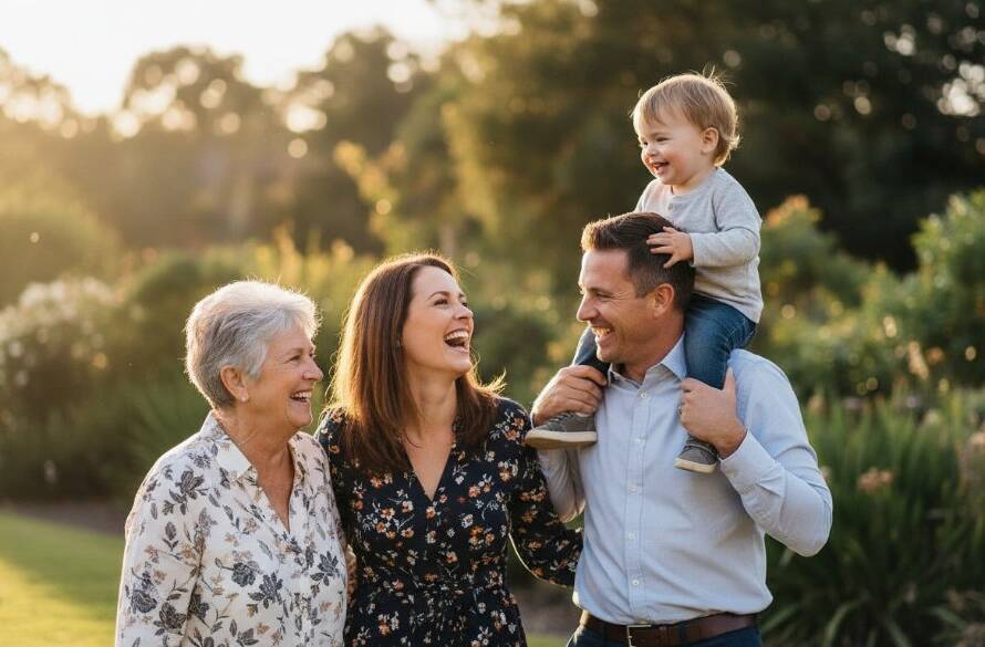 An evocative fine art photograph capturing an 'epic moment' of a multi-generational family laughing joyfully in Bentleigh East's Alnutt Park during golden hour, embodying Bentleigh East Fine Art Photography storytelling with dramatic backlighting and warm, professional color grading.