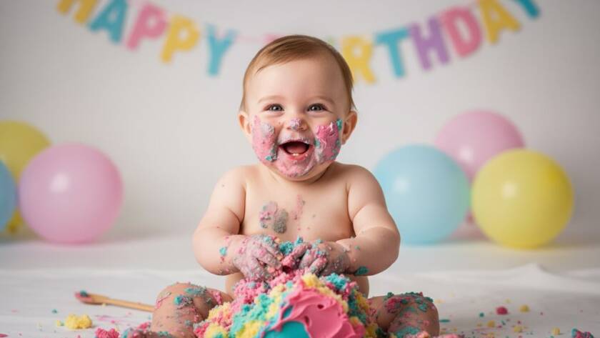 An epic moment captured in Bentleigh East first birthday cake smash photography, showing a delighted baby covered in cake, laughing amidst colorful balloons, with dramatic, soft natural light highlighting their joy and the messy celebration, creating a beautiful, chaotic, professional studio portrait.