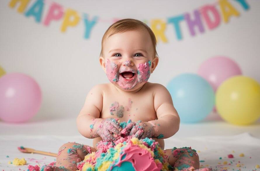 An epic moment captured in Bentleigh East first birthday cake smash photography, showing a delighted baby covered in cake, laughing amidst colorful balloons, with dramatic, soft natural light highlighting their joy and the messy celebration, creating a beautiful, chaotic, professional studio portrait.