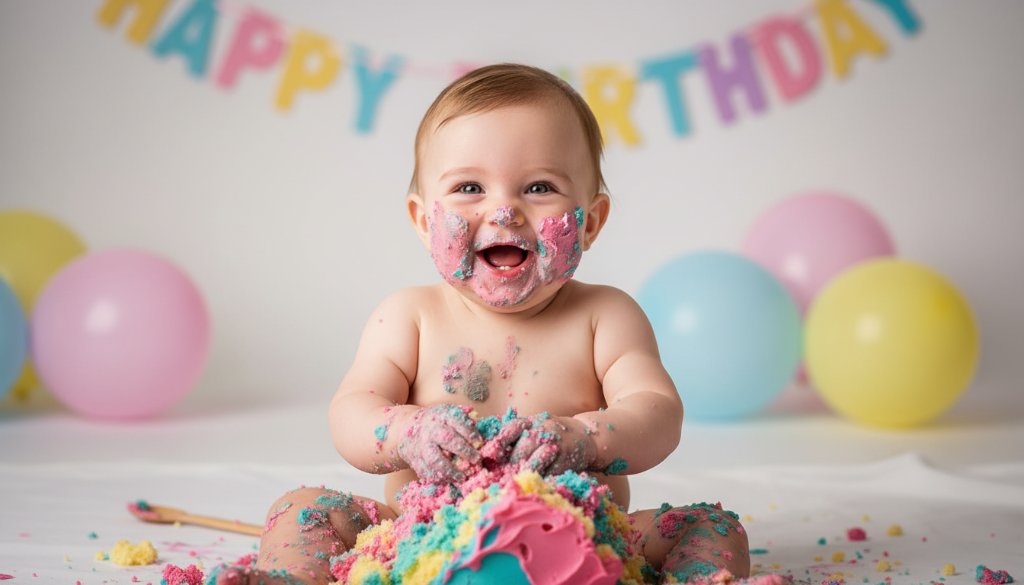 An epic moment captured in Bentleigh East first birthday cake smash photography, showing a delighted baby covered in cake, laughing amidst colorful balloons, with dramatic, soft natural light highlighting their joy and the messy celebration, creating a beautiful, chaotic, professional studio portrait.