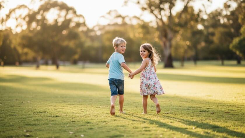 An epic moment of pure joy featuring 'Bentleigh East genuine kids photography moments', showing two siblings laughing heartily in a sun-drenched park in Bentleigh East, with golden hour light and bokeh.