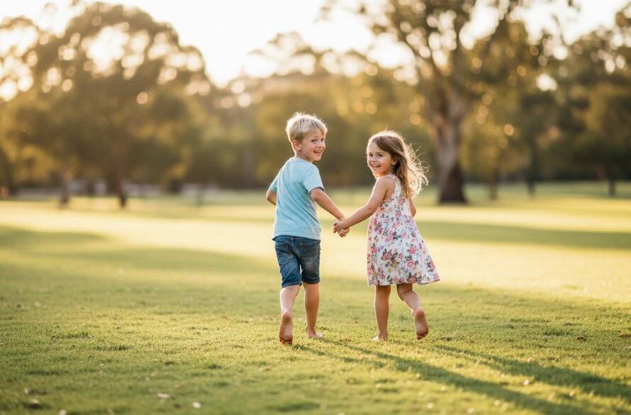 An epic moment of pure joy featuring 'Bentleigh East genuine kids photography moments', showing two siblings laughing heartily in a sun-drenched park in Bentleigh East, with golden hour light and bokeh.