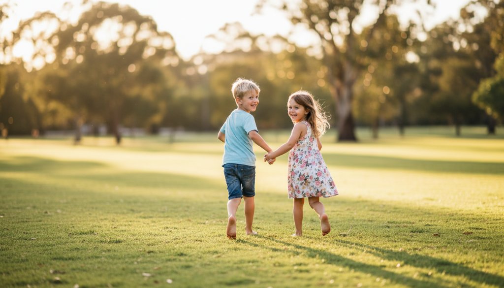 An epic moment of pure joy featuring 'Bentleigh East genuine kids photography moments', showing two siblings laughing heartily in a sun-drenched park in Bentleigh East, with golden hour light and bokeh.